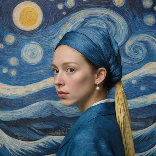 Girl with a Pearl Earring standing in front of Van Gogh's Starry Night with ukiyo-e style waves underneath, harmoniously blending three iconic art styles.