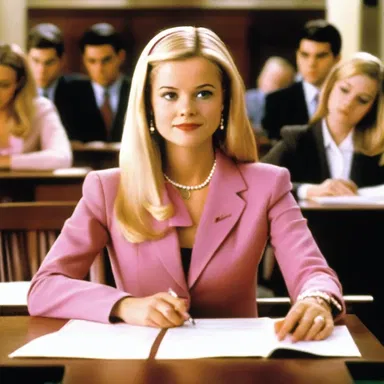 In the movie 'Legally Blonde', the determined protagonist, Elle Woods, prepares diligently for her midterm examination at Harvard Law School, proving her intelligence to her classmates and professor.