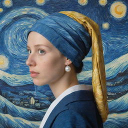 Girl with a Pearl Earring standing in front of Van Gogh's Starry Night with ukiyo-e style waves underneath, harmoniously blending three iconic art styles.