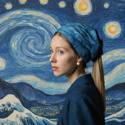 Girl with a Pearl Earring standing in front of Van Gogh's Starry Night with ukiyo-e style waves underneath, harmoniously blending three iconic art styles.