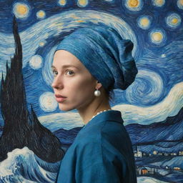 Girl with a Pearl Earring standing in front of Van Gogh's Starry Night with ukiyo-e style waves underneath, harmoniously blending three iconic art styles.