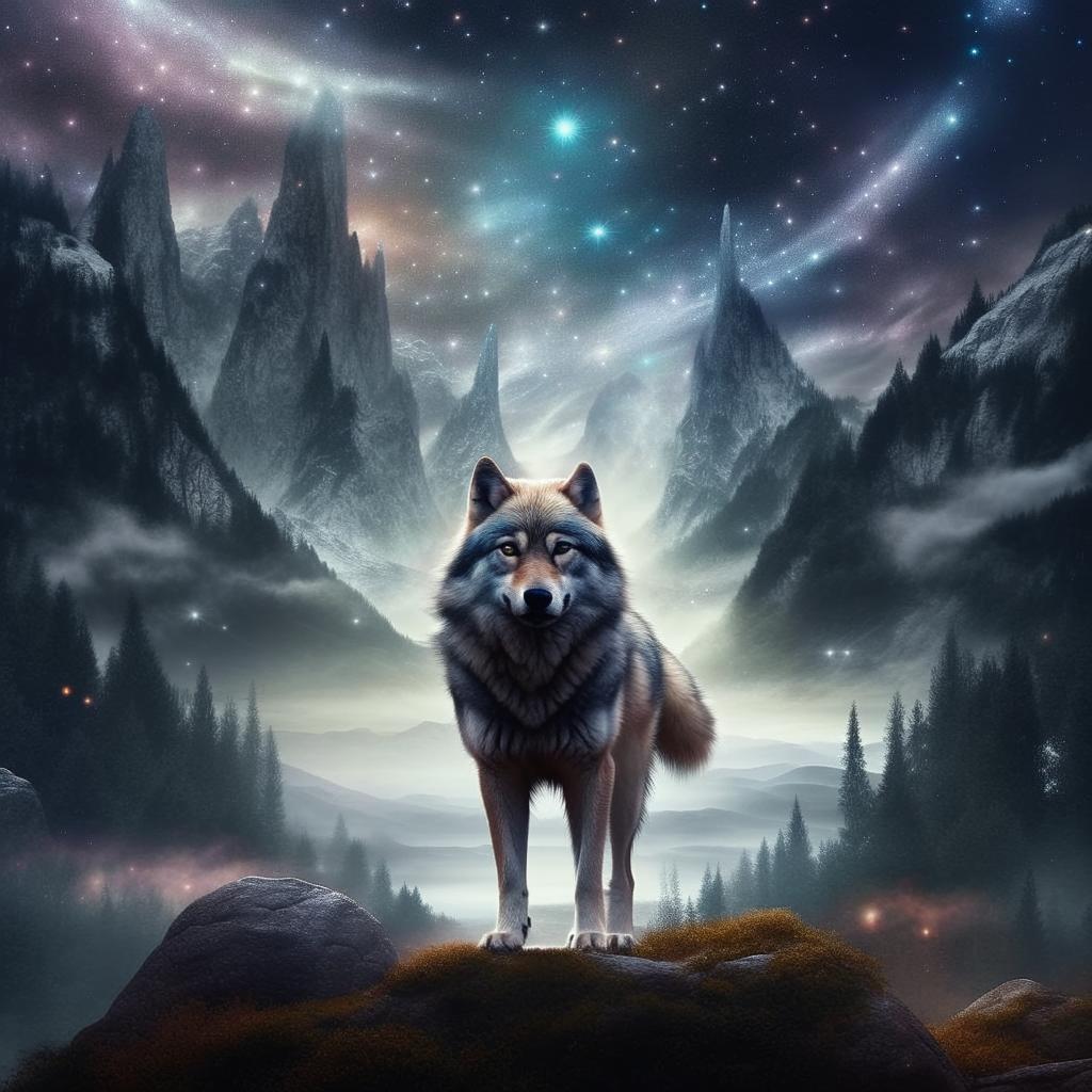 A majestic wolf situated within a magical, fantasy setting with a mystical aura, vast landscapes, and celestial bodies.