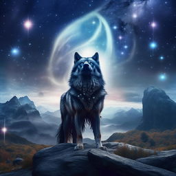 A majestic wolf situated within a magical, fantasy setting with a mystical aura, vast landscapes, and celestial bodies.