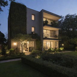 A residential building at twilight, lit warmly from within, nestled among lush, landscaped gardens.