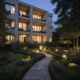 A residential building at twilight, lit warmly from within, nestled among lush, landscaped gardens.