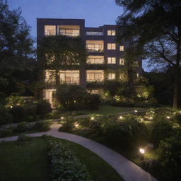 A residential building at twilight, lit warmly from within, nestled among lush, landscaped gardens.