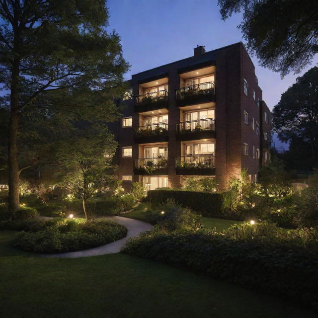 A residential building at twilight, lit warmly from within, nestled among lush, landscaped gardens.