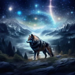 A majestic wolf situated within a magical, fantasy setting with a mystical aura, vast landscapes, and celestial bodies.