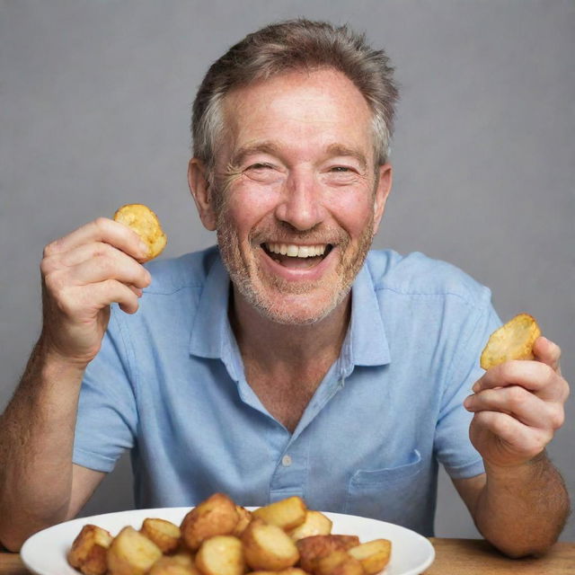 A contented man joyfully eating crispy, golden potatoes