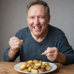 A contented man joyfully eating crispy, golden potatoes