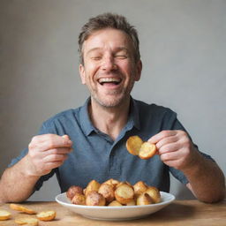 A contented man joyfully eating crispy, golden potatoes