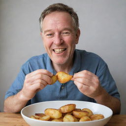 A contented man joyfully eating crispy, golden potatoes