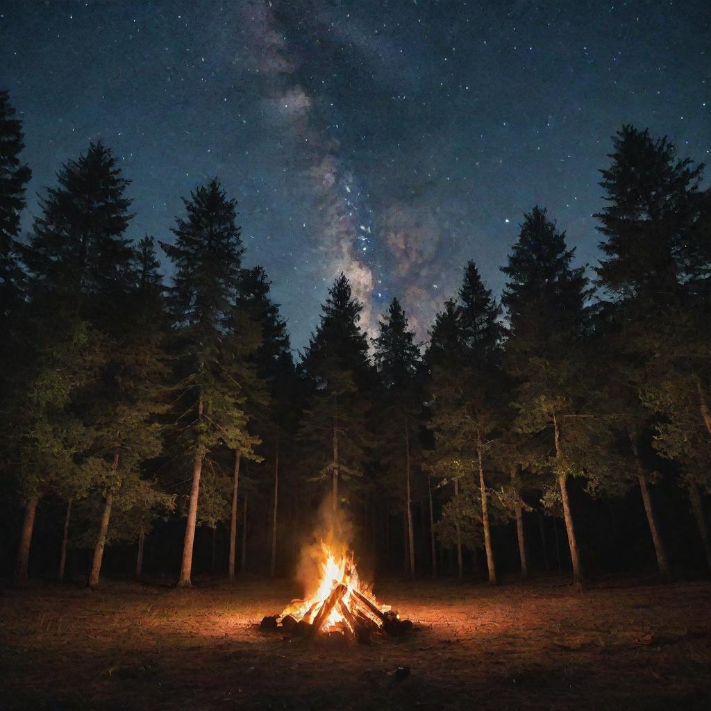 A roaring bonfire in the middle of a forest clearing during a starry night