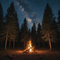 A roaring bonfire in the middle of a forest clearing during a starry night