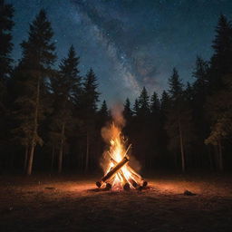 A roaring bonfire in the middle of a forest clearing during a starry night