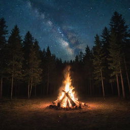 A roaring bonfire in the middle of a forest clearing during a starry night