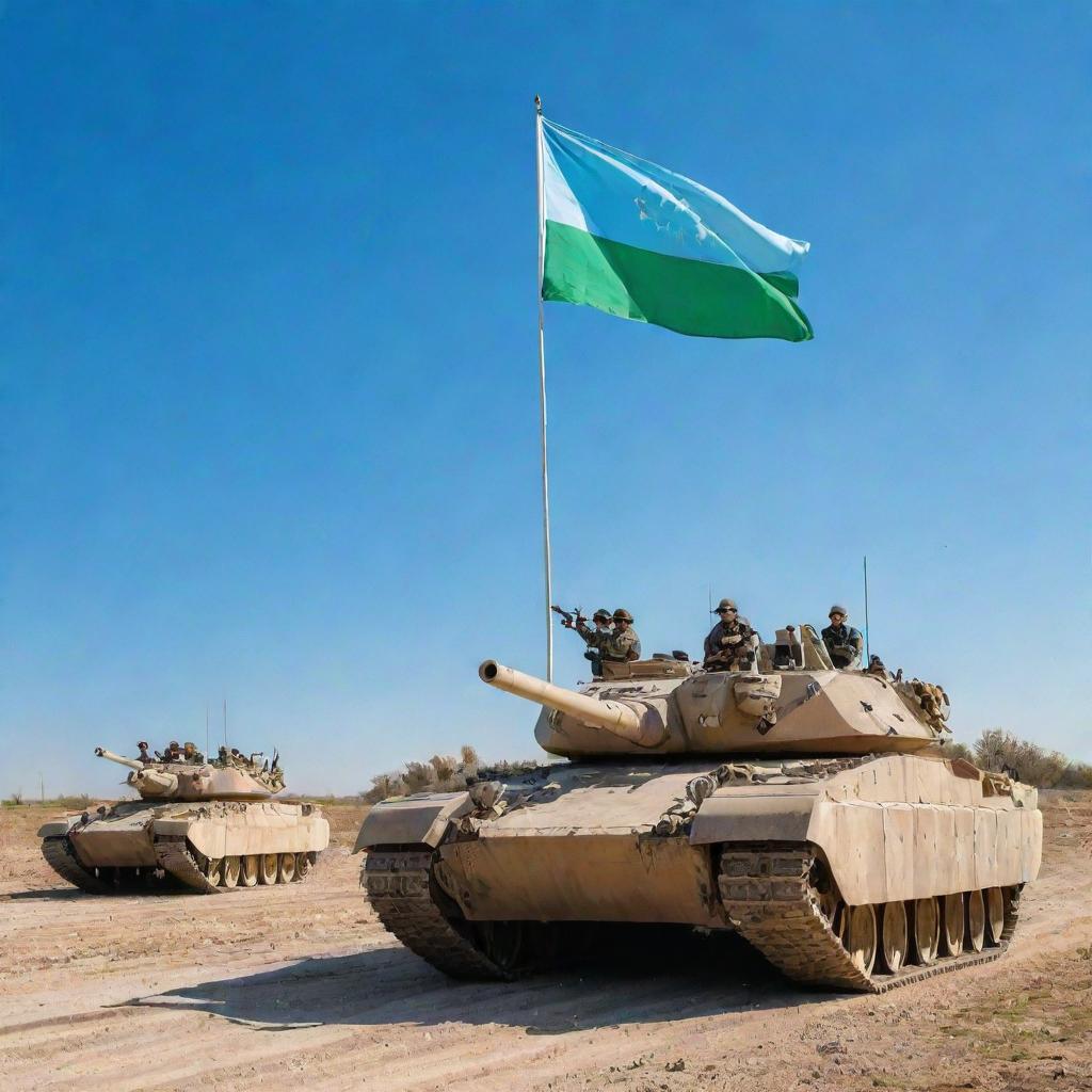 An array of soldiers with arms and a tank positioned under a vivid blue sky, displaying the proud flag of Uzbekistan fluttering in the background.