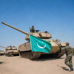 An array of soldiers with arms and a tank positioned under a vivid blue sky, displaying the proud flag of Uzbekistan fluttering in the background.