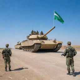 An array of soldiers with arms and a tank positioned under a vivid blue sky, displaying the proud flag of Uzbekistan fluttering in the background.