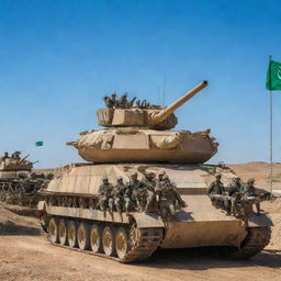 An array of soldiers with arms and a tank positioned under a vivid blue sky, displaying the proud flag of Uzbekistan fluttering in the background.