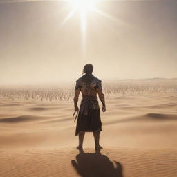 A warrior, his sword gleaming under the sun's rays, stands resolute in a vast desert, facing an army of a thousand men