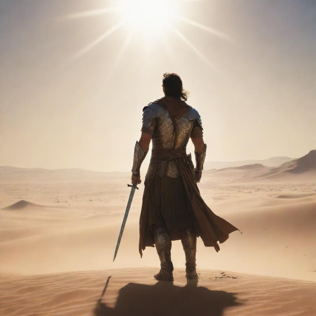 A warrior, his sword gleaming under the sun's rays, stands resolute in a vast desert, facing an army of a thousand men