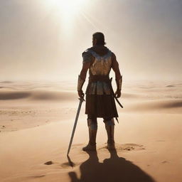 A warrior, his sword gleaming under the sun's rays, stands resolute in a vast desert, facing an army of a thousand men