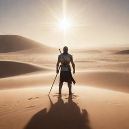 A warrior, his sword gleaming under the sun's rays, stands resolute in a vast desert, facing an army of a thousand men