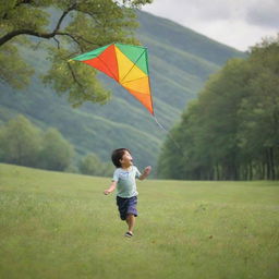 A quaint image of a little boy joyfully flying a vibrant kite in a verdant valley with wind gently swaying the trees nearby.