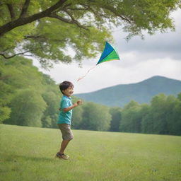 A quaint image of a little boy joyfully flying a vibrant kite in a verdant valley with wind gently swaying the trees nearby.