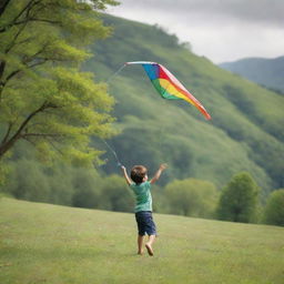 A quaint image of a little boy joyfully flying a vibrant kite in a verdant valley with wind gently swaying the trees nearby.