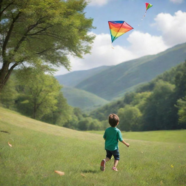 A quaint image of a little boy joyfully flying a vibrant kite in a verdant valley with wind gently swaying the trees nearby.