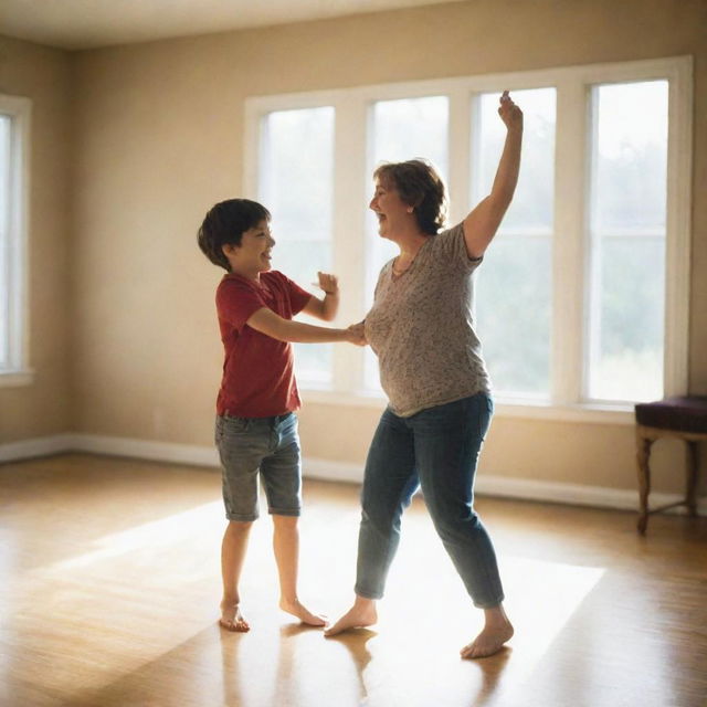 A young boy joyfully dancing with his mother in a sunlit room.