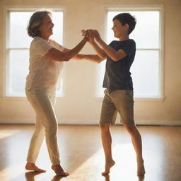 A young boy joyfully dancing with his mother in a sunlit room.