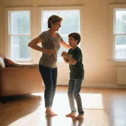 A young boy joyfully dancing with his mother in a sunlit room.