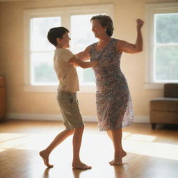 A young boy joyfully dancing with his mother in a sunlit room.