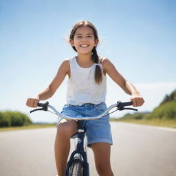 A young girl happily paddling her bicycle on a sunny day with a clear sky.