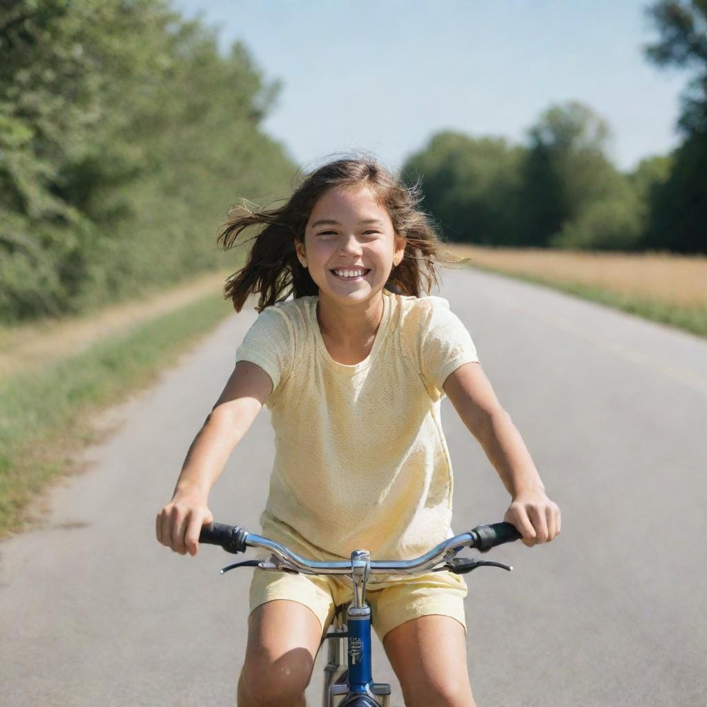 A young girl happily paddling her bicycle on a sunny day with a clear sky.