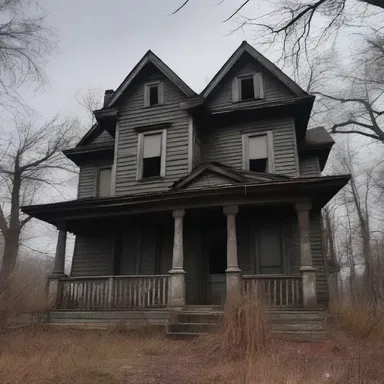 The old haunted house was painted a sinister brownish-gray, adding to its eerie atmosphere.