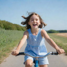 A young girl happily paddling her bicycle on a sunny day with a clear sky.