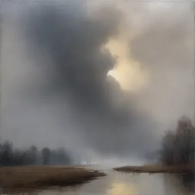 The artist used a delicate brush to create layers of brownish-gray in the sky, giving the painting a misty, mysterious feel.