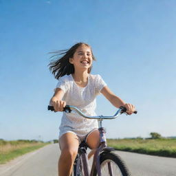 A young girl happily paddling her bicycle on a sunny day with a clear sky.