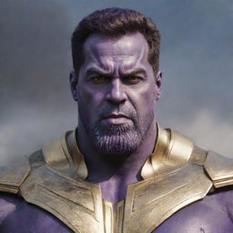 A photorealistic image of the Indian actor Salman Khan as the Marvel character Thanos, maintaining Salman's distinctive facial features but also including Thanos's purple skin and Infinity Gauntlet.