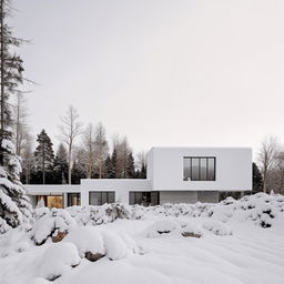 A modern, all-white house with sleek lines and minimalist design, nestled softly amid a serene, snowy landscape.