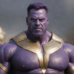 A photorealistic image of the Indian actor Salman Khan as the Marvel character Thanos, maintaining Salman's distinctive facial features but also including Thanos's purple skin and Infinity Gauntlet.