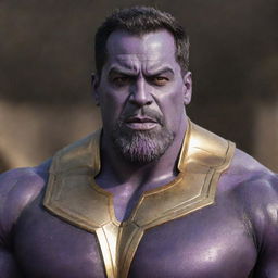 A photorealistic image of the Indian actor Salman Khan as the Marvel character Thanos, maintaining Salman's distinctive facial features but also including Thanos's purple skin and Infinity Gauntlet.