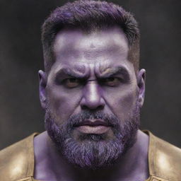 A photorealistic image of the Indian actor Salman Khan as the Marvel character Thanos, maintaining Salman's distinctive facial features but also including Thanos's purple skin and Infinity Gauntlet.