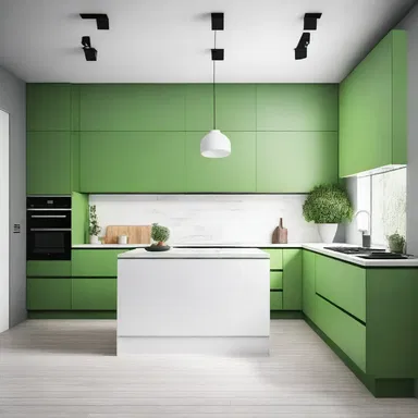 The modern and minimalist kitchen design incorporates a splash of green with snow peas as a decorative element.