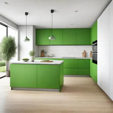 The modern and minimalist kitchen design incorporates a splash of green with snow peas as a decorative element.