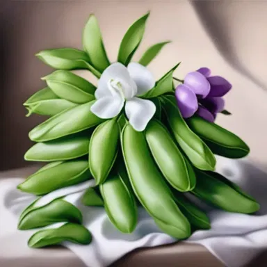 The artist created a beautiful still life painting featuring a bouquet of snow peas.